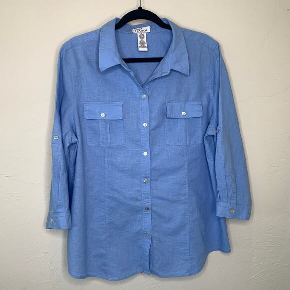 Chaus Blue Linen Blend Roll Tab Shirt 3/4 sleeve Sz XL - Picture 1 of 4
